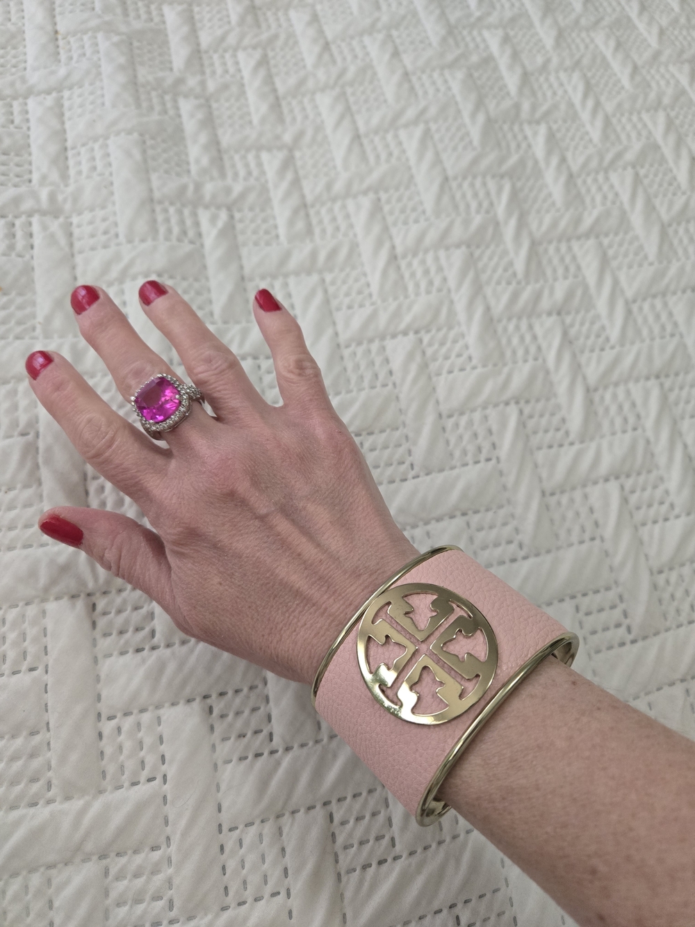 Pink Faux Leather Logo Cuff with Gold-Tone Emblem